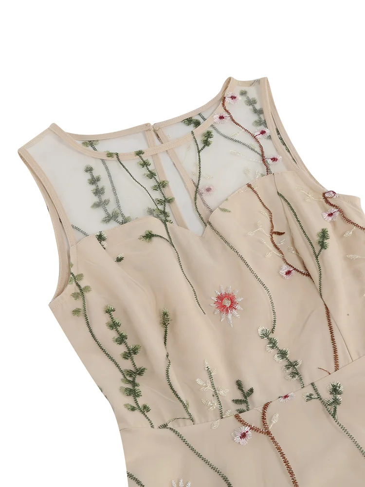 Tonval Floral Embroidered Mesh Overlay Vintage Long Dresses for Women High Waist Birthday Party Elegant Summer Dress