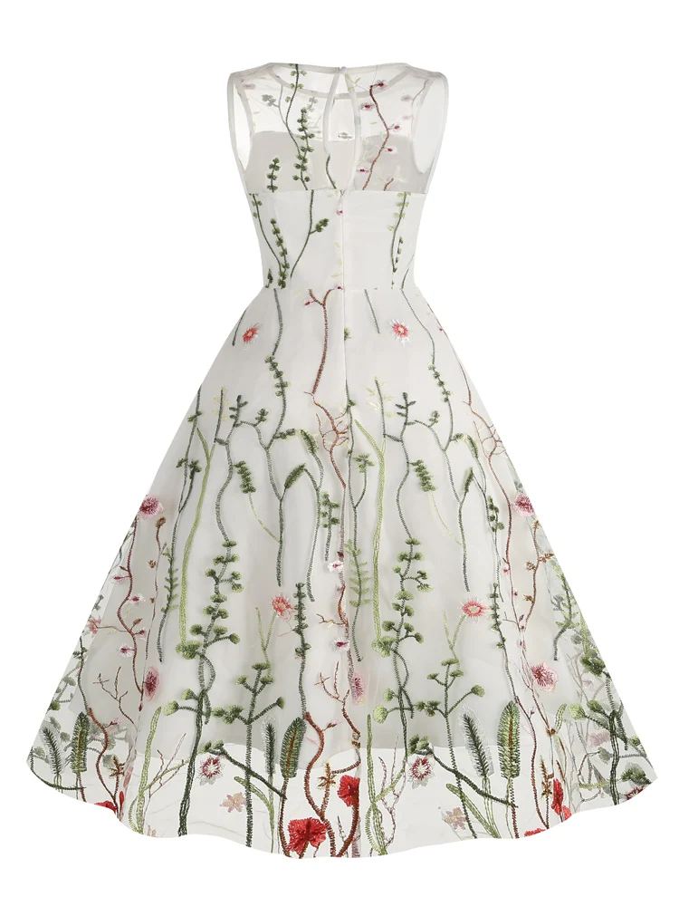 Tonval Floral Embroidered Mesh Overlay Vintage Long Dresses for Women High Waist Birthday Party Elegant Summer Dress