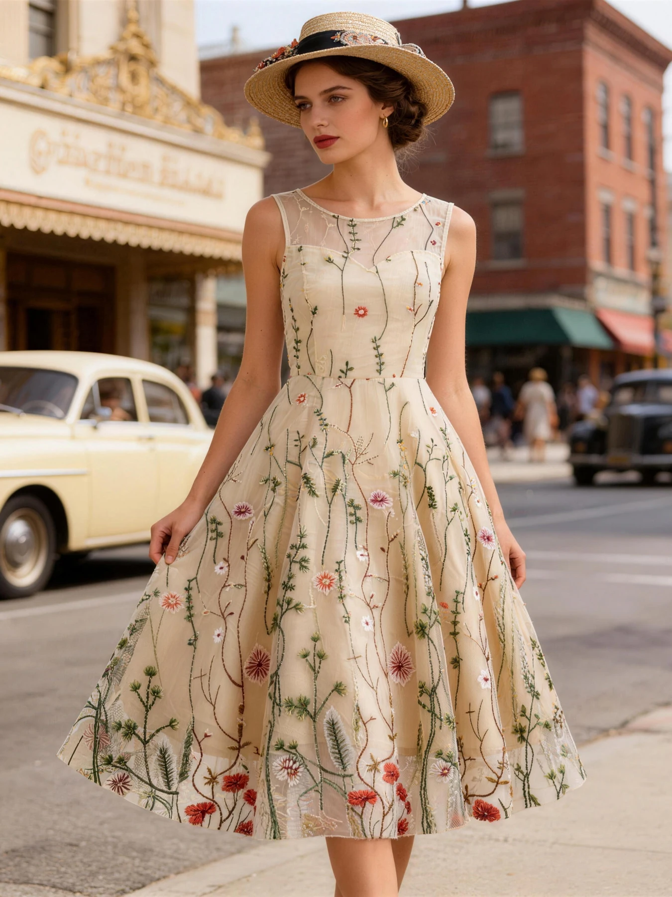 Tonval Floral Embroidered Mesh Overlay Vintage Long Dresses for Women High Waist Birthday Party Elegant Summer Dress