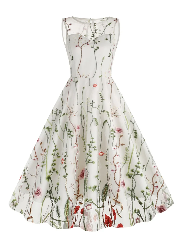 Tonval Floral Embroidered Mesh Overlay Vintage Long Dresses for Women High Waist Birthday Party Elegant Summer Dress