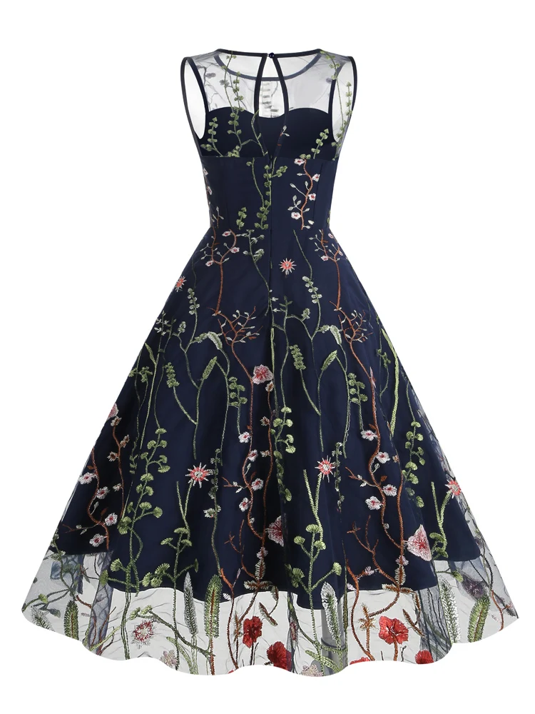 Tonval Floral Embroidered Mesh Overlay Vintage Long Dresses for Women High Waist Birthday Party Elegant Summer Dress