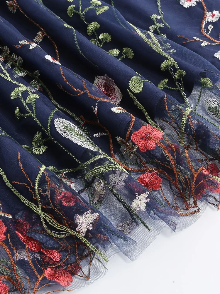 Tonval Floral Embroidered Mesh Overlay Vintage Long Dresses for Women High Waist Birthday Party Elegant Summer Dress