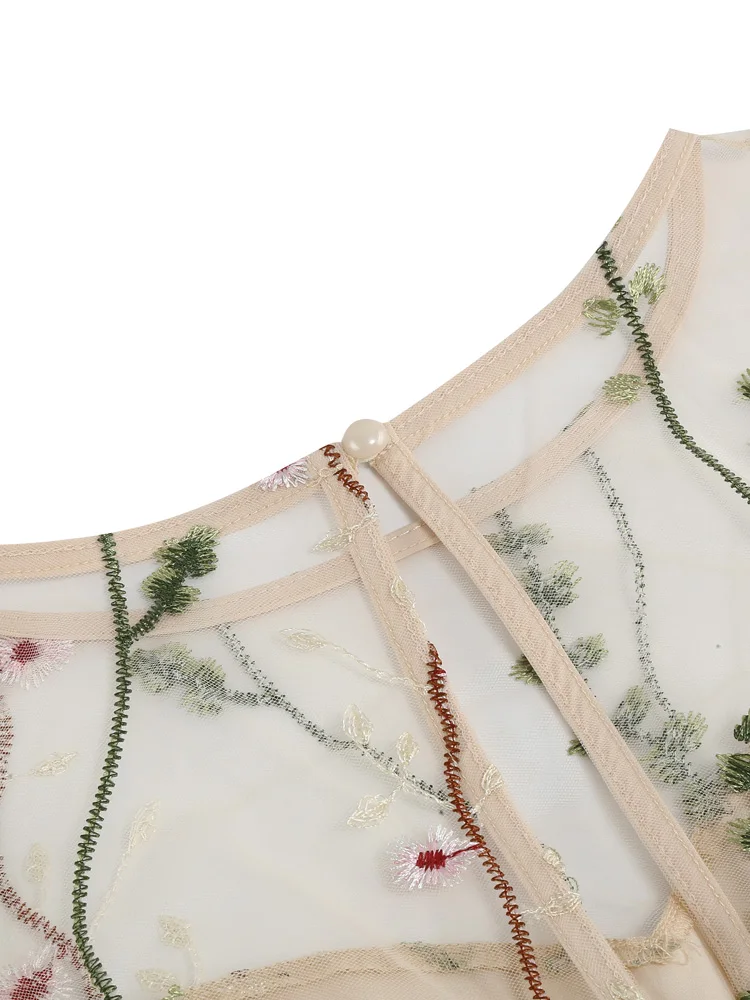 Tonval Floral Embroidered Mesh Overlay Vintage Long Dresses for Women High Waist Birthday Party Elegant Summer Dress