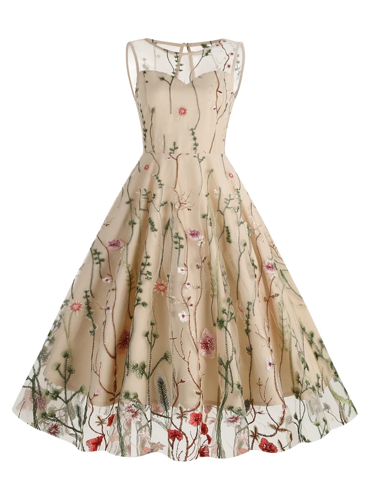 Tonval Floral Embroidered Mesh Overlay Vintage Long Dresses for Women High Waist Birthday Party Elegant Summer Dress