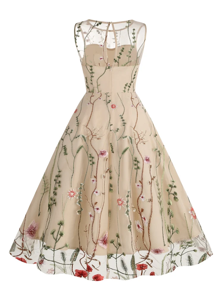 Tonval Floral Embroidered Mesh Overlay Vintage Long Dresses for Women High Waist Birthday Party Elegant Summer Dress
