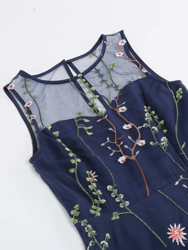 Tonval Floral Embroidered Mesh Overlay Vintage Long Dresses for Women High Waist Birthday Party Elegant Summer Dress
