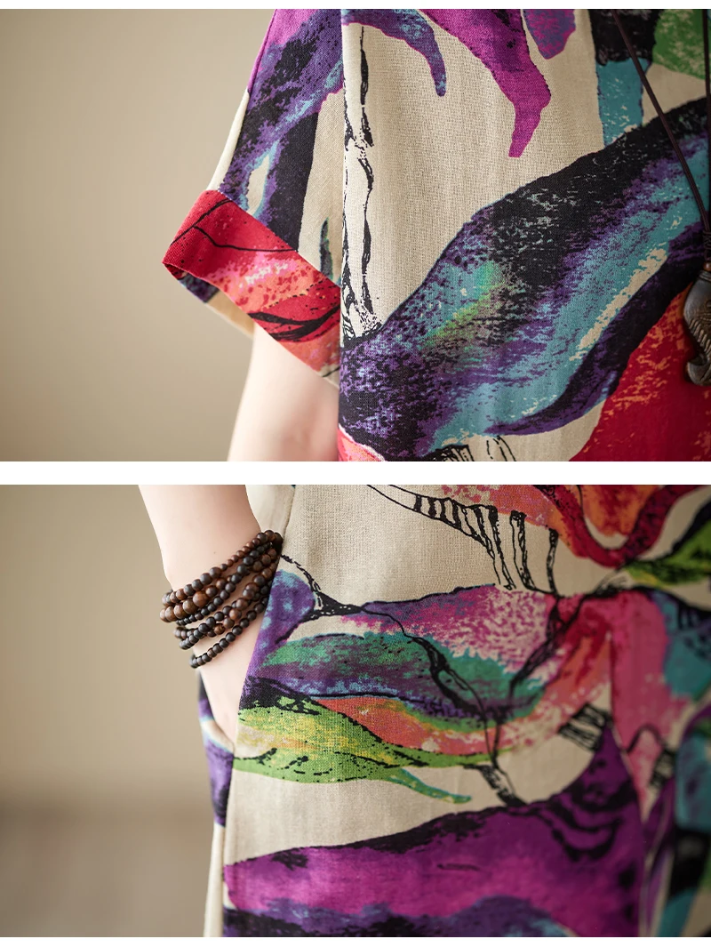 Short Sleeve Cotton Linen Print Vintage Dresses For Women 2026 Summer Casual Loose Long Dress Robe Femme Elegant Fashion Clothes