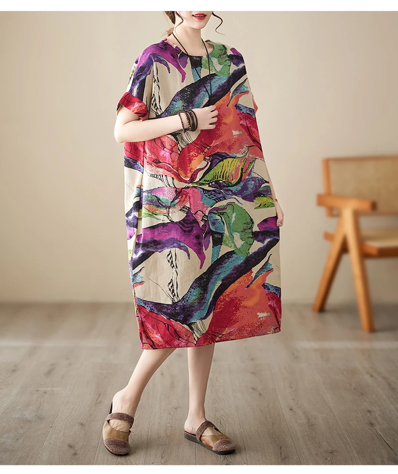 Short Sleeve Cotton Linen Print Vintage Dresses For Women 2026 Summer Casual Loose Long Dress Robe Femme Elegant Fashion Clothes