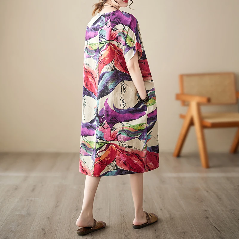 Short Sleeve Cotton Linen Print Vintage Dresses For Women 2026 Summer Casual Loose Long Dress Robe Femme Elegant Fashion Clothes