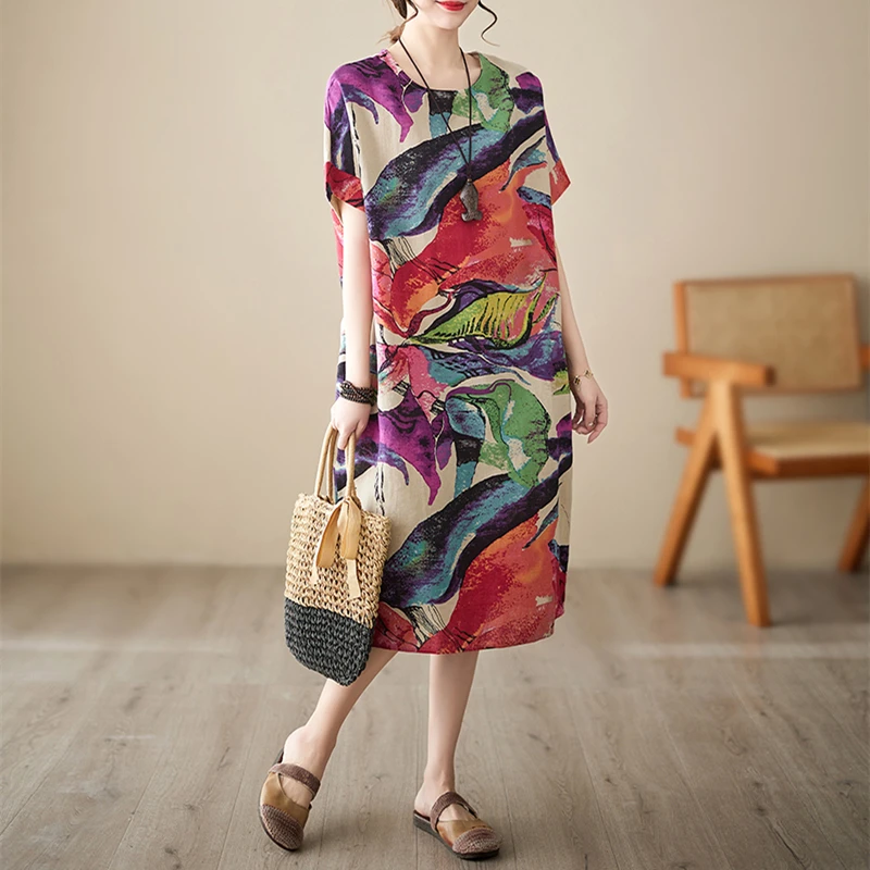 Short Sleeve Cotton Linen Print Vintage Dresses For Women 2026 Summer Casual Loose Long Dress Robe Femme Elegant Fashion Clothes