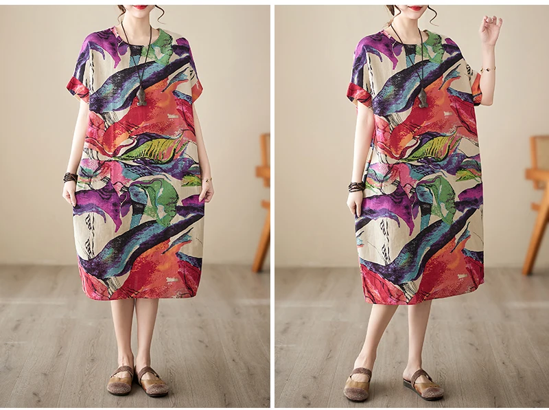 Short Sleeve Cotton Linen Print Vintage Dresses For Women 2026 Summer Casual Loose Long Dress Robe Femme Elegant Fashion Clothes