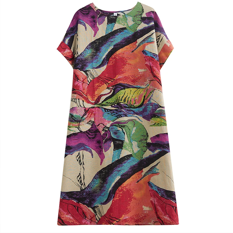 Short Sleeve Cotton Linen Print Vintage Dresses For Women 2026 Summer Casual Loose Long Dress Robe Femme Elegant Fashion Clothes