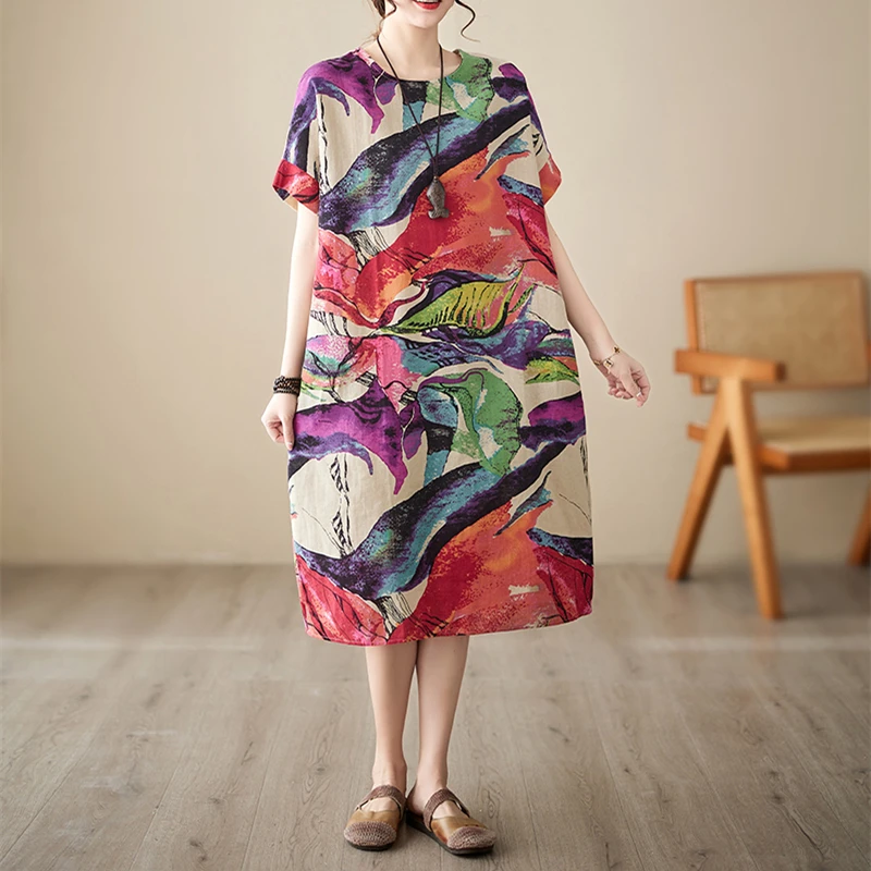 Short Sleeve Cotton Linen Print Vintage Dresses For Women 2026 Summer Casual Loose Long Dress Robe Femme Elegant Fashion Clothes