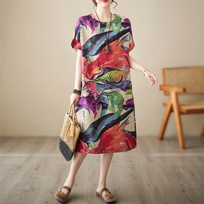 Short Sleeve Cotton Linen Print Vintage Dresses For Women 2026 Summer Casual Loose Long Dress Robe Femme Elegant Fashion Clothes