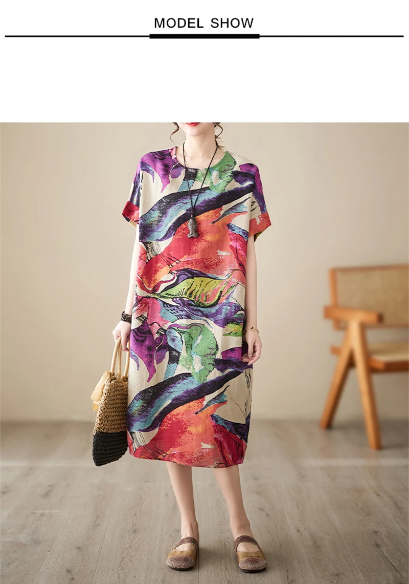 Short Sleeve Cotton Linen Print Vintage Dresses For Women 2026 Summer Casual Loose Long Dress Robe Femme Elegant Fashion Clothes