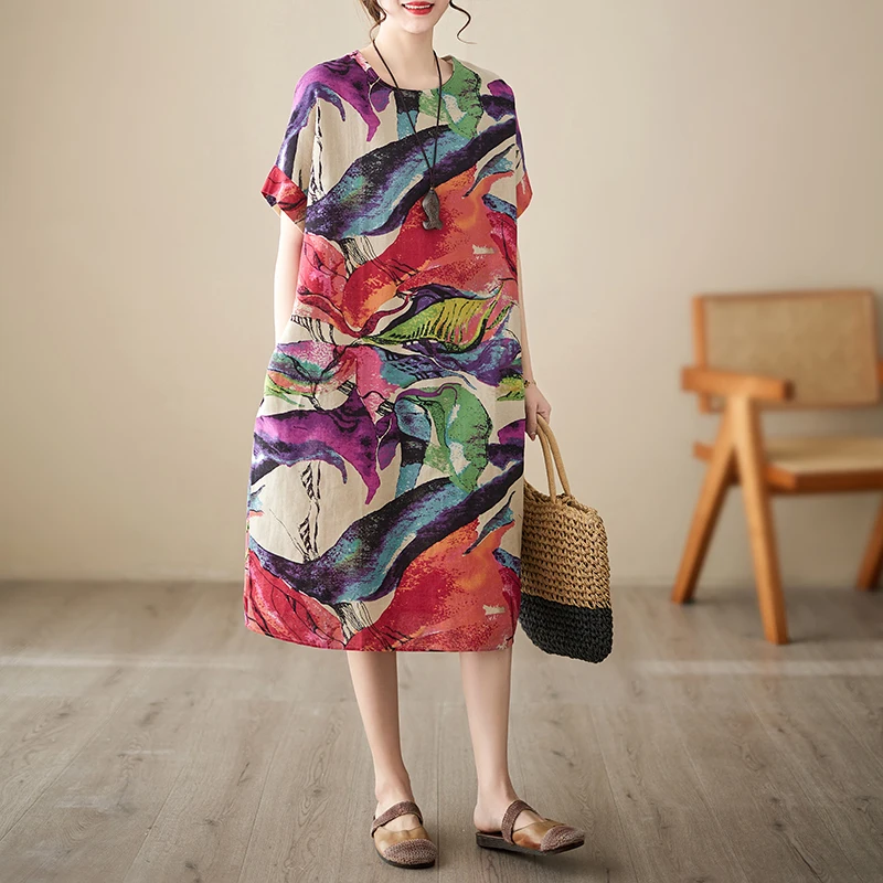 Short Sleeve Cotton Linen Print Vintage Dresses For Women 2026 Summer Casual Loose Long Dress Robe Femme Elegant Fashion Clothes