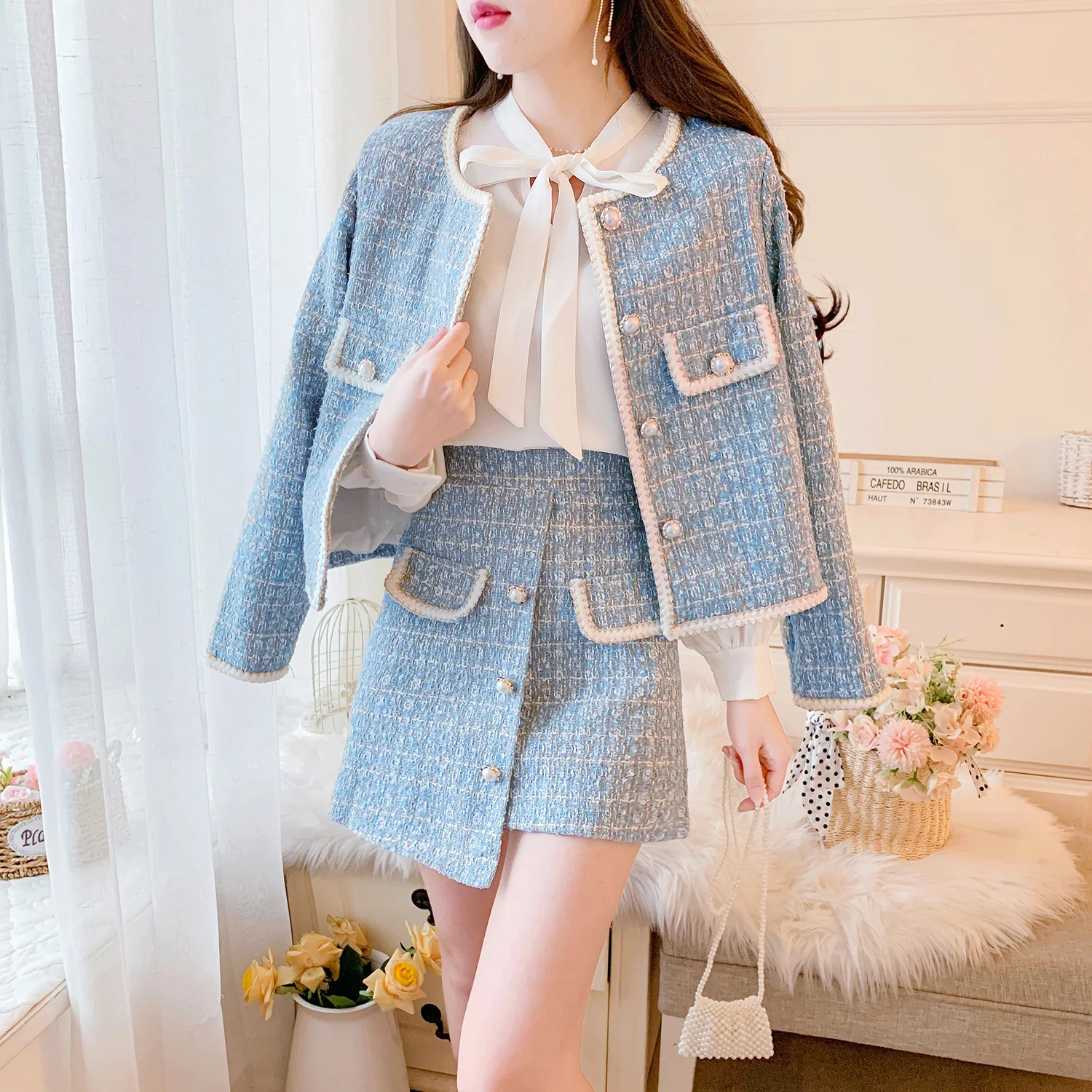 Elegant Blue/Black Tweed Suits For Women High Quality Pearl Button Embroidery Short Coat Irregular Skirts Two Piece Crop Top Set