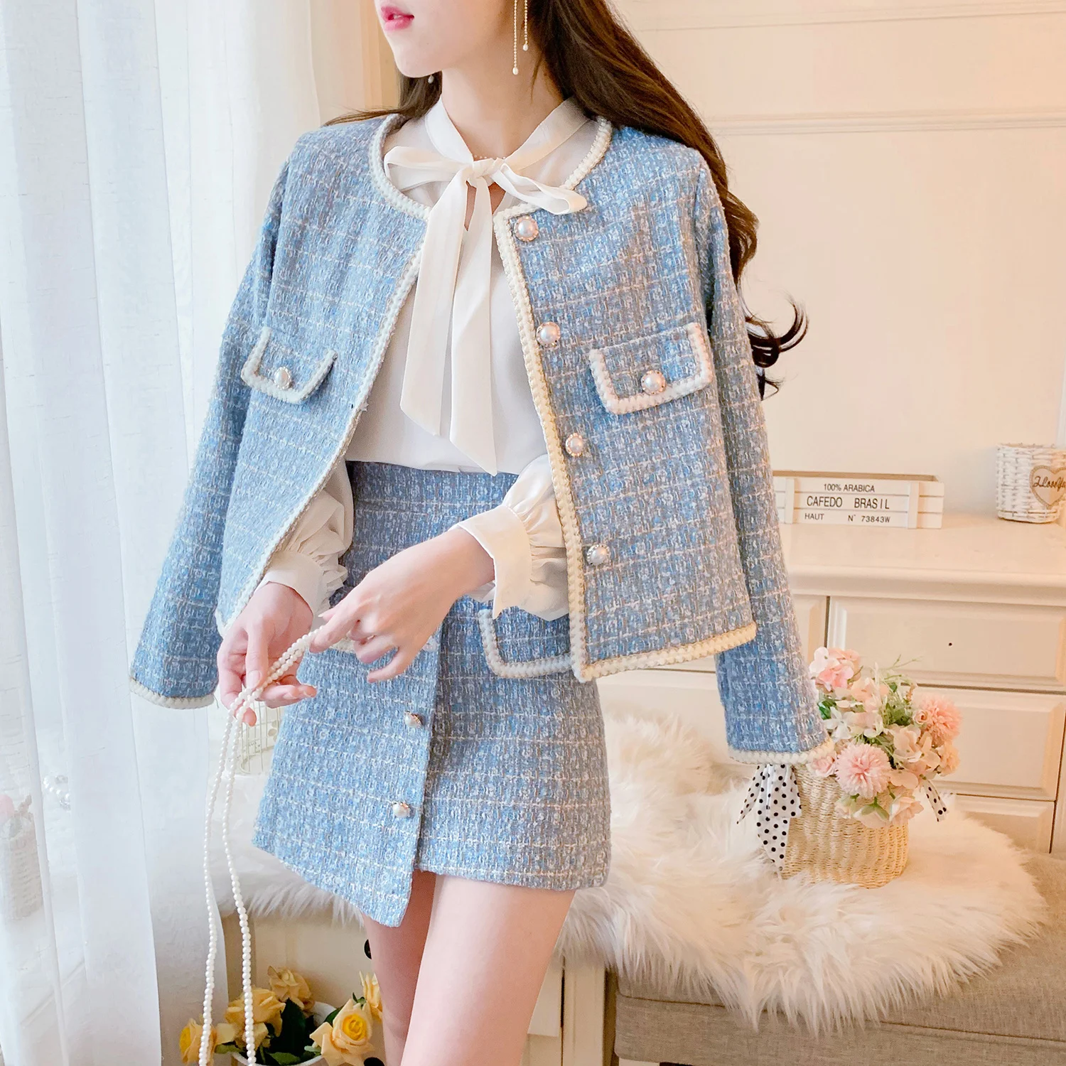 Elegant Blue/Black Tweed Suits For Women High Quality Pearl Button Embroidery Short Coat Irregular Skirts Two Piece Crop Top Set