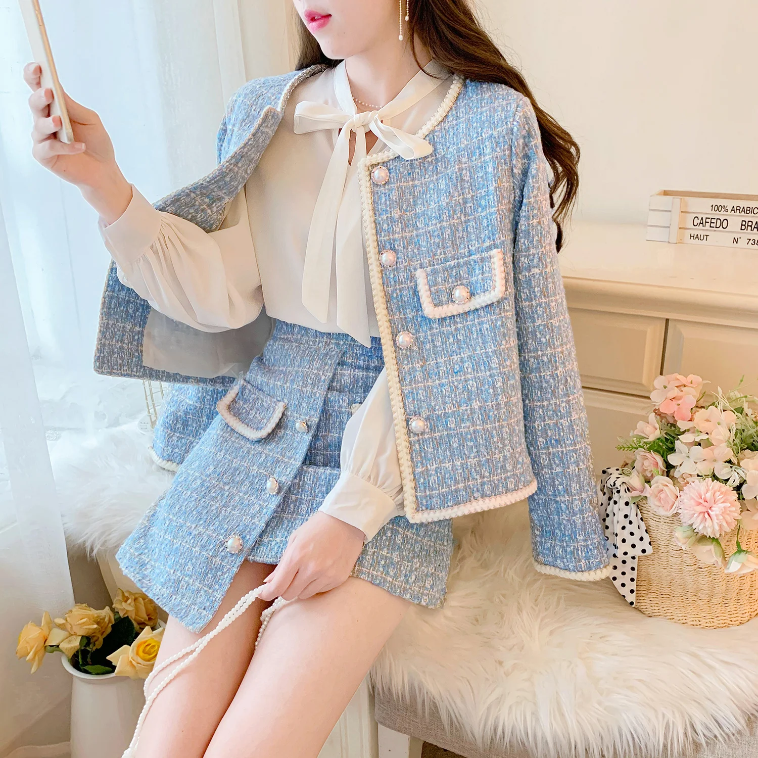 Elegant Blue/Black Tweed Suits For Women High Quality Pearl Button Embroidery Short Coat Irregular Skirts Two Piece Crop Top Set