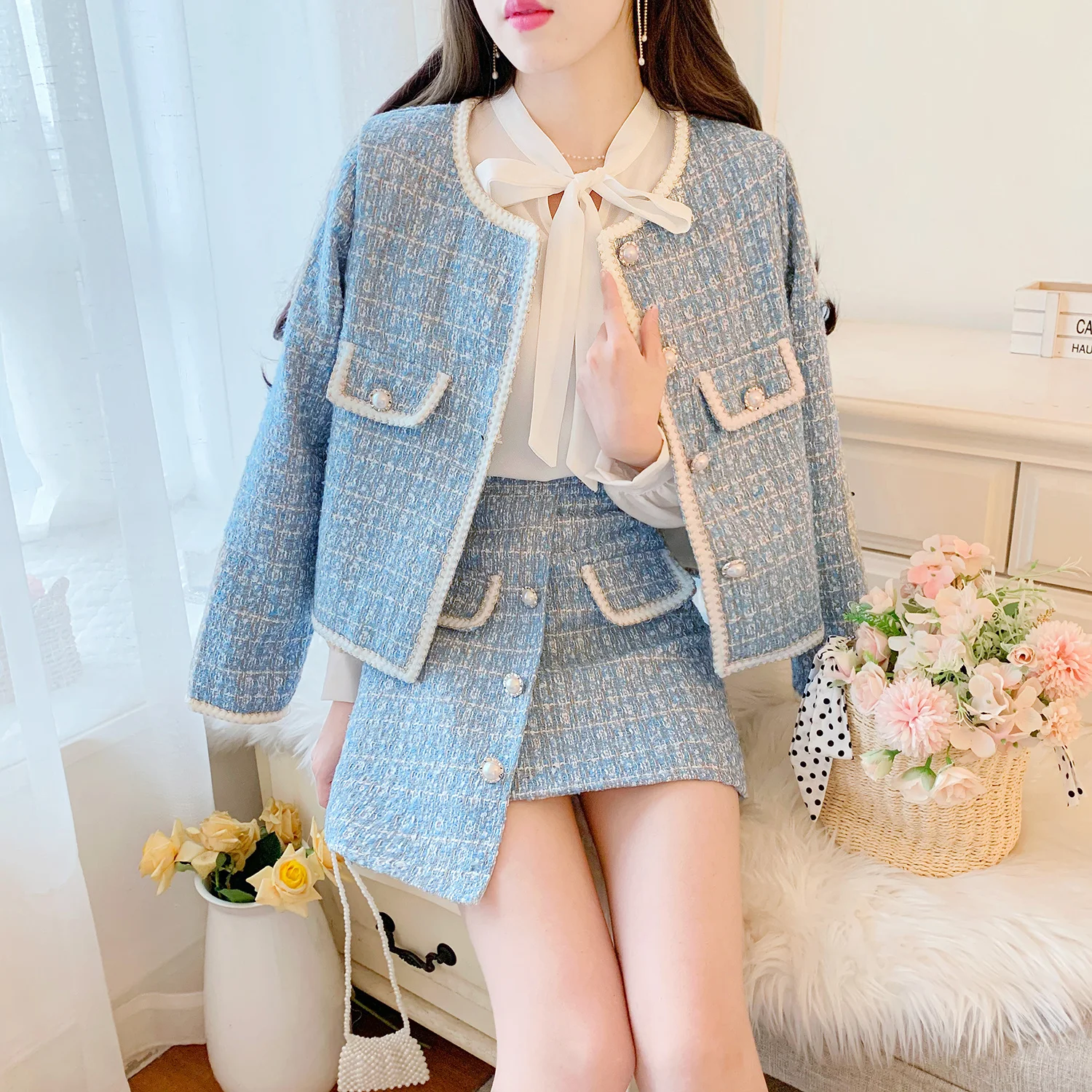 Elegant Blue/Black Tweed Suits For Women High Quality Pearl Button Embroidery Short Coat Irregular Skirts Two Piece Crop Top Set