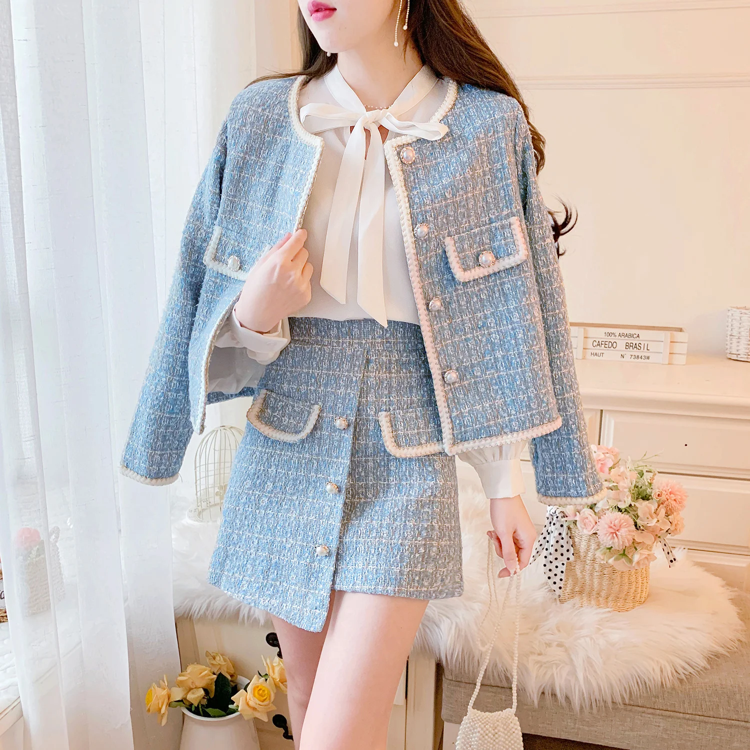 Elegant Blue/Black Tweed Suits For Women High Quality Pearl Button Embroidery Short Coat Irregular Skirts Two Piece Crop Top Set