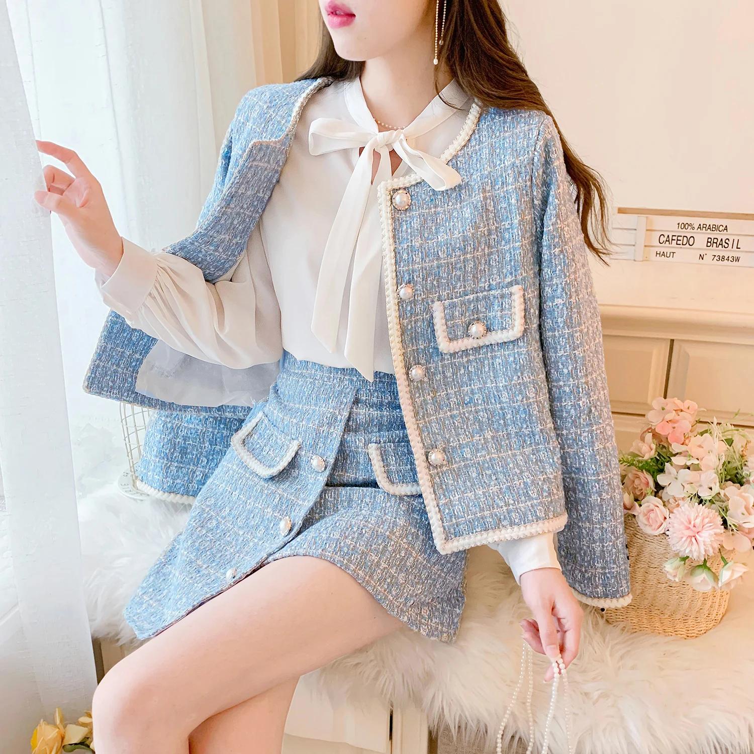 Elegant Blue/Black Tweed Suits For Women High Quality Pearl Button Embroidery Short Coat Irregular Skirts Two Piece Crop Top Set
