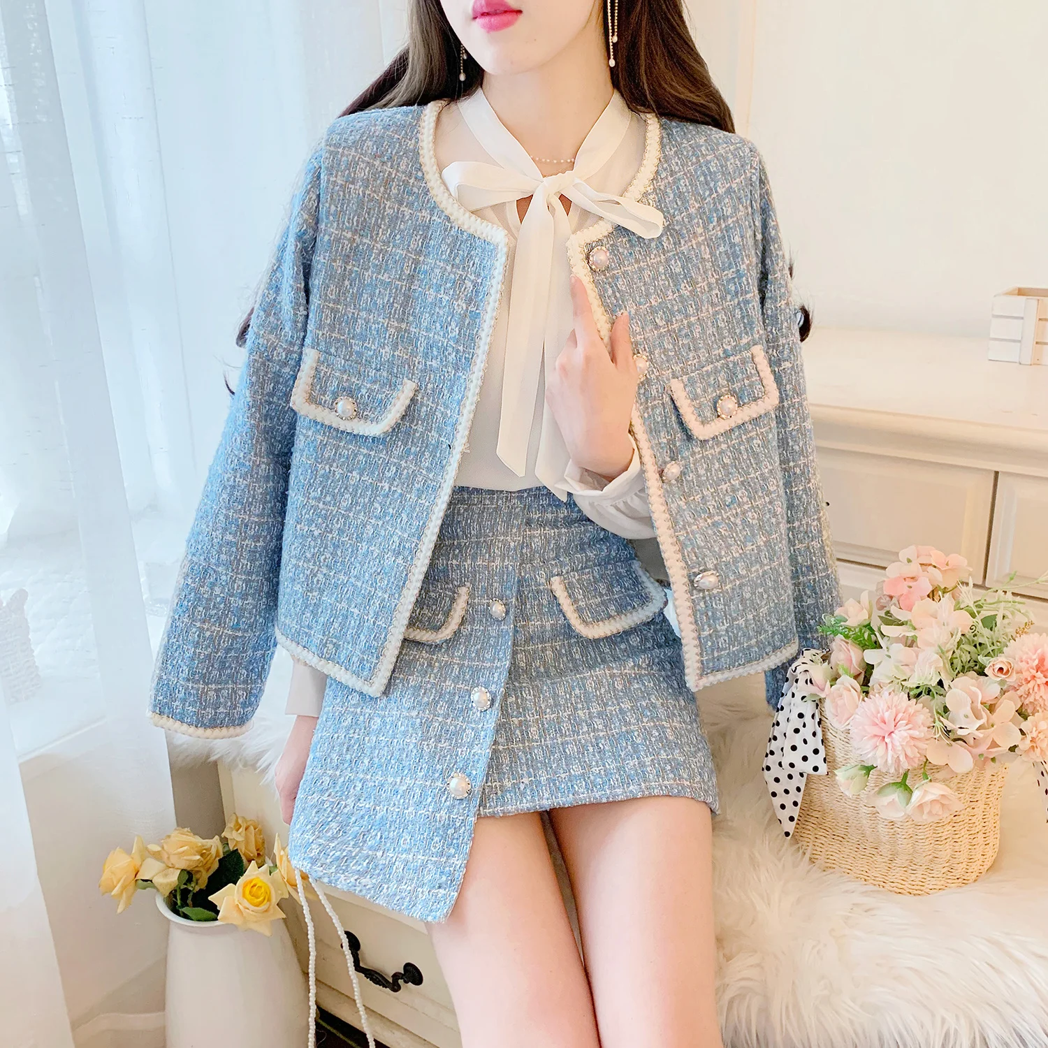 Elegant Blue/Black Tweed Suits For Women High Quality Pearl Button Embroidery Short Coat Irregular Skirts Two Piece Crop Top Set