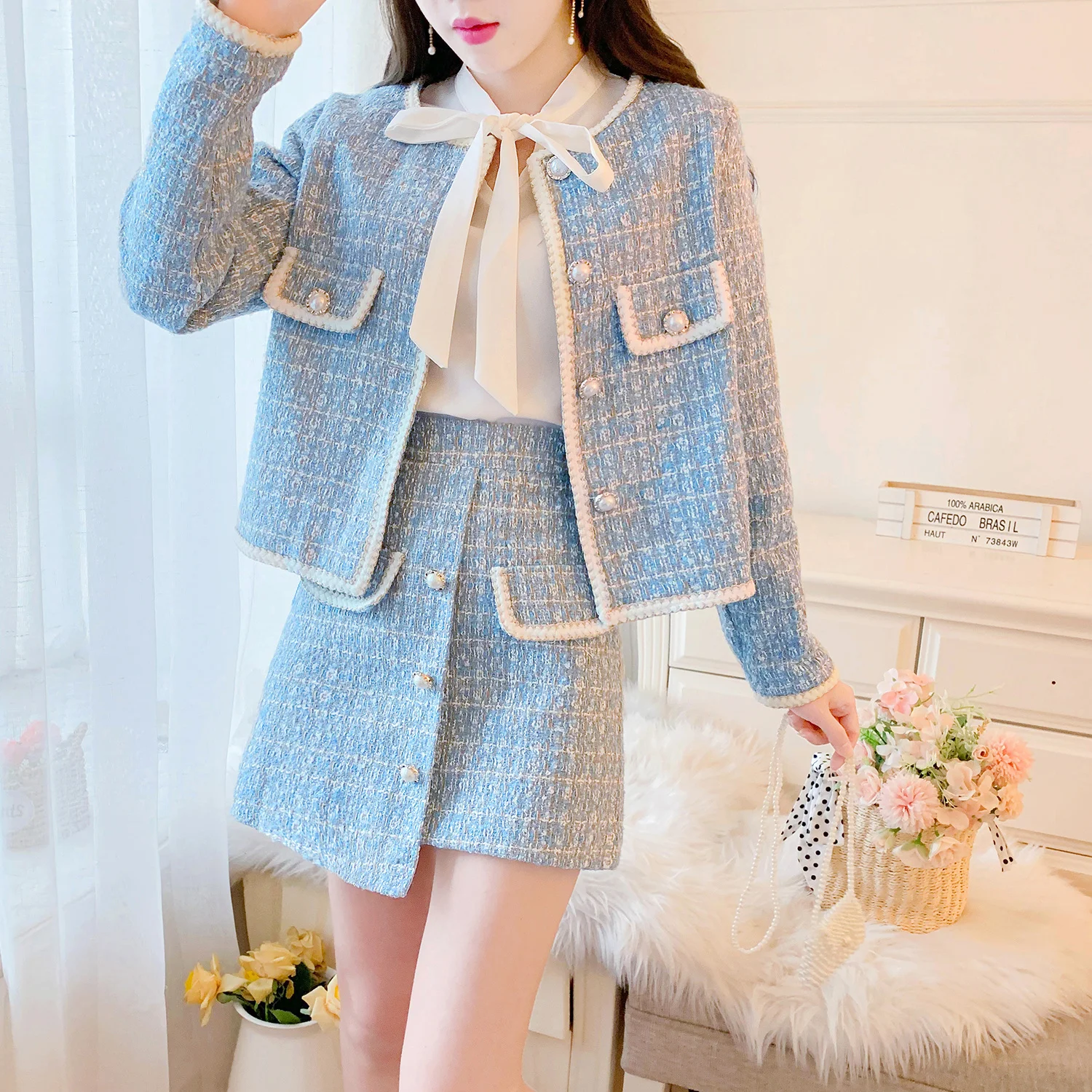 Elegant Blue/Black Tweed Suits For Women High Quality Pearl Button Embroidery Short Coat Irregular Skirts Two Piece Crop Top Set