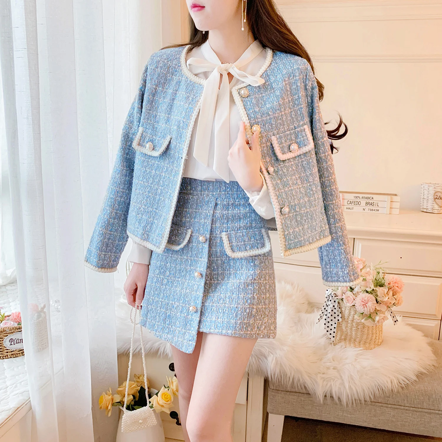 Elegant Blue/Black Tweed Suits For Women High Quality Pearl Button Embroidery Short Coat Irregular Skirts Two Piece Crop Top Set