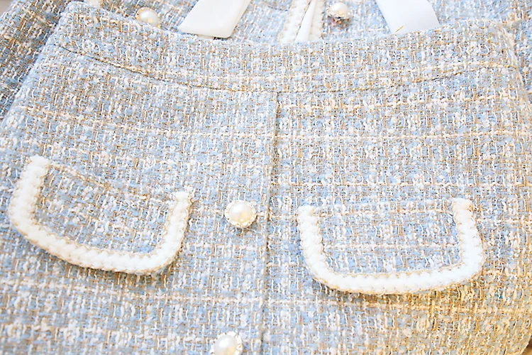 Elegant Blue/Black Tweed Suits For Women High Quality Pearl Button Embroidery Short Coat Irregular Skirts Two Piece Crop Top Set