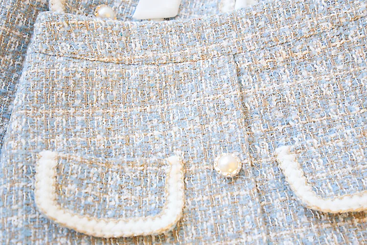 Elegant Blue/Black Tweed Suits For Women High Quality Pearl Button Embroidery Short Coat Irregular Skirts Two Piece Crop Top Set