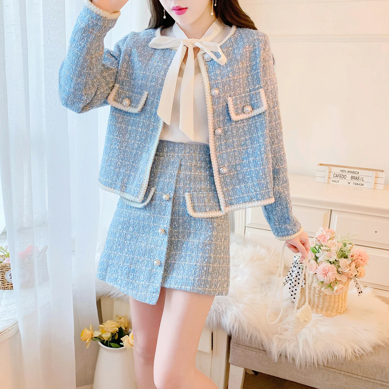 Elegant Blue/Black Tweed Suits For Women High Quality Pearl Button Embroidery Short Coat Irregular Skirts Two Piece Crop Top Set