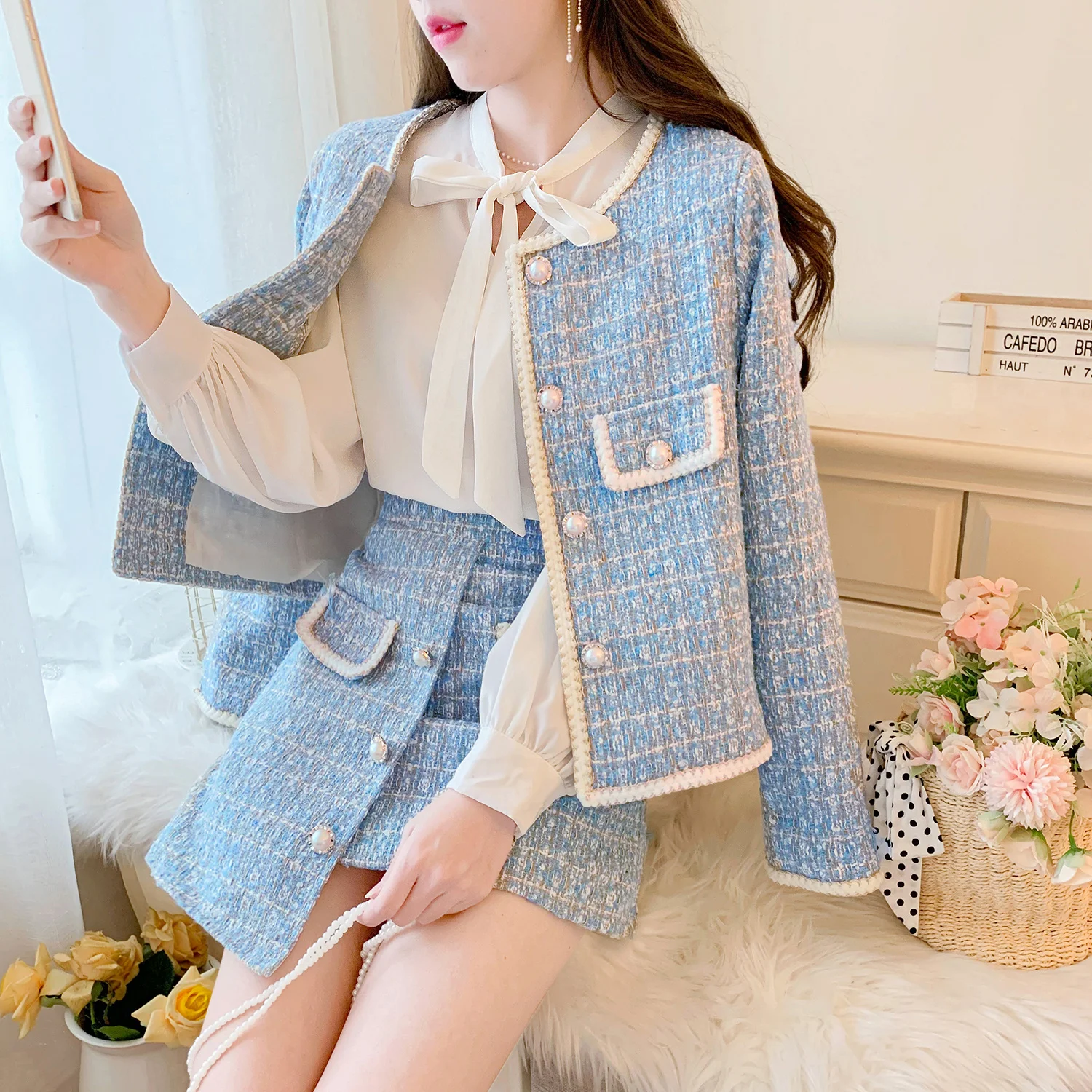 Elegant Blue/Black Tweed Suits For Women High Quality Pearl Button Embroidery Short Coat Irregular Skirts Two Piece Crop Top Set