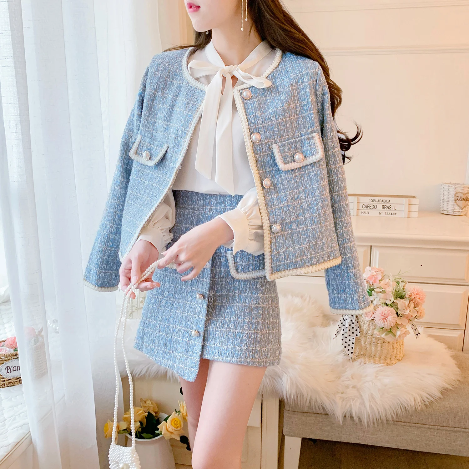 Elegant Blue/Black Tweed Suits For Women High Quality Pearl Button Embroidery Short Coat Irregular Skirts Two Piece Crop Top Set