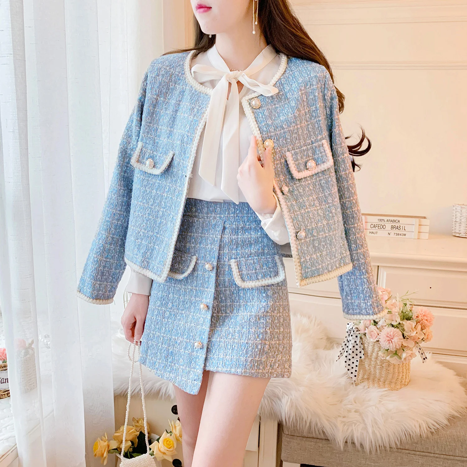 Elegant Blue/Black Tweed Suits For Women High Quality Pearl Button Embroidery Short Coat Irregular Skirts Two Piece Crop Top Set