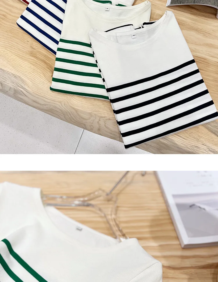 EMBELLIKE Marine Crew Neck Striped T Shirt Women Long Sleeve Combed Cotton Tops Tees Regular Fit S-XL