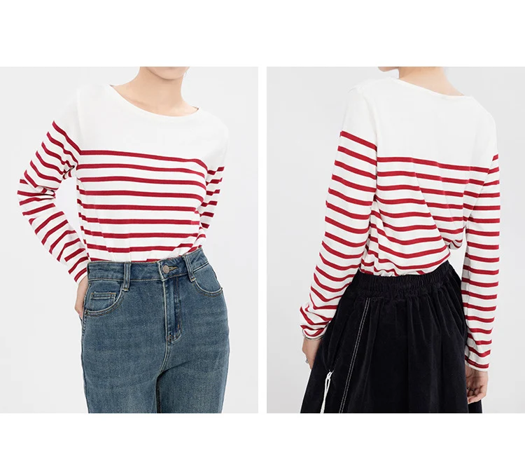 EMBELLIKE Marine Crew Neck Striped T Shirt Women Long Sleeve Combed Cotton Tops Tees Regular Fit S-XL