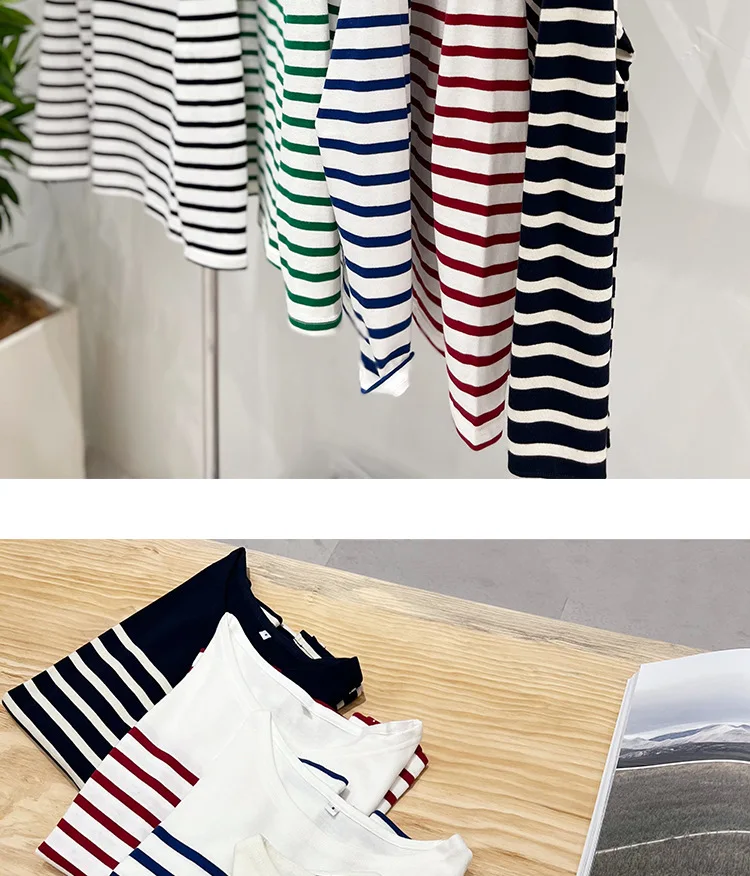EMBELLIKE Marine Crew Neck Striped T Shirt Women Long Sleeve Combed Cotton Tops Tees Regular Fit S-XL