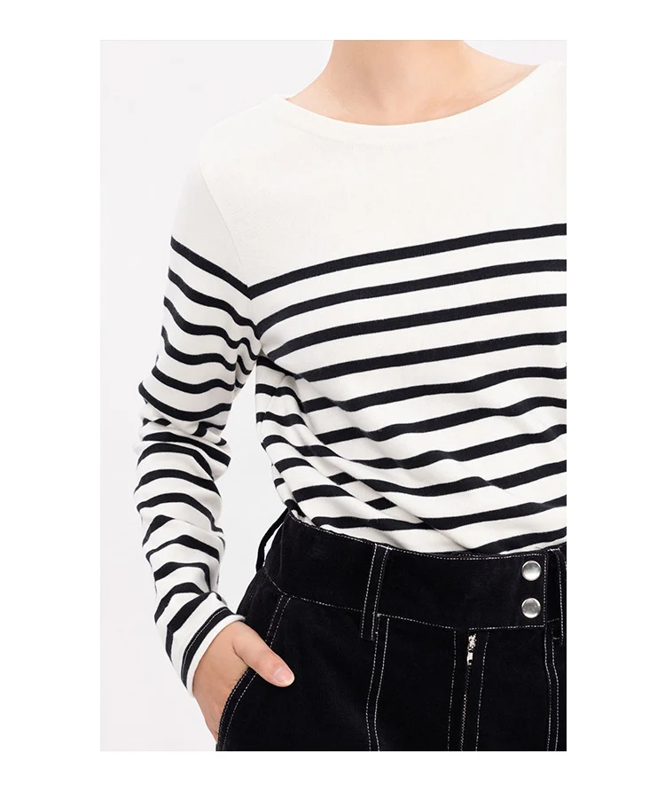 EMBELLIKE Marine Crew Neck Striped T Shirt Women Long Sleeve Combed Cotton Tops Tees Regular Fit S-XL