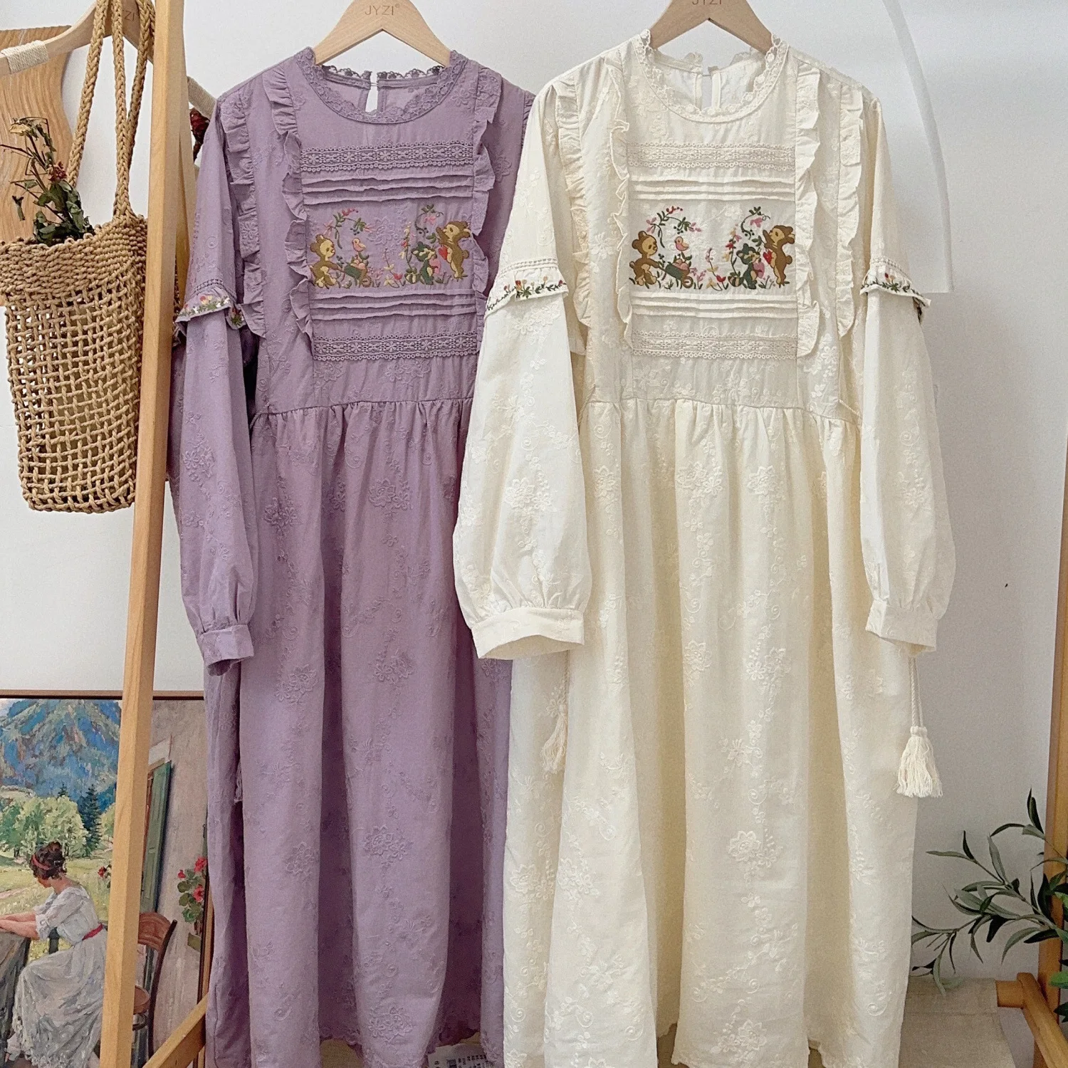 Vintage Floral Embroidery Short Sleeve Dress Women Japanese Mori Girl Spring Sweet O-Neck Cotton Linen Dress vestidos para mujer