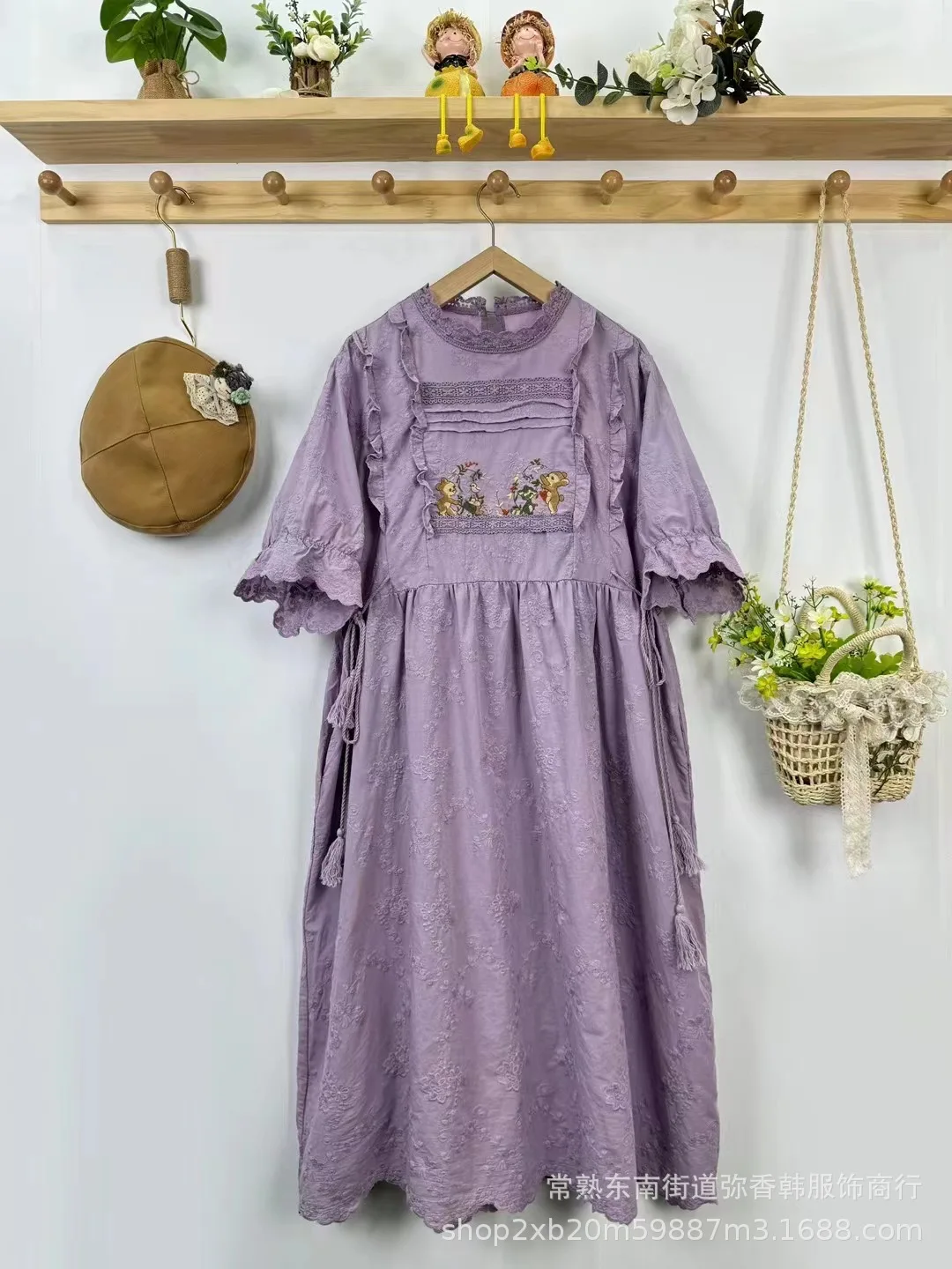 Vintage Floral Embroidery Short Sleeve Dress Women Japanese Mori Girl Spring Sweet O-Neck Cotton Linen Dress vestidos para mujer