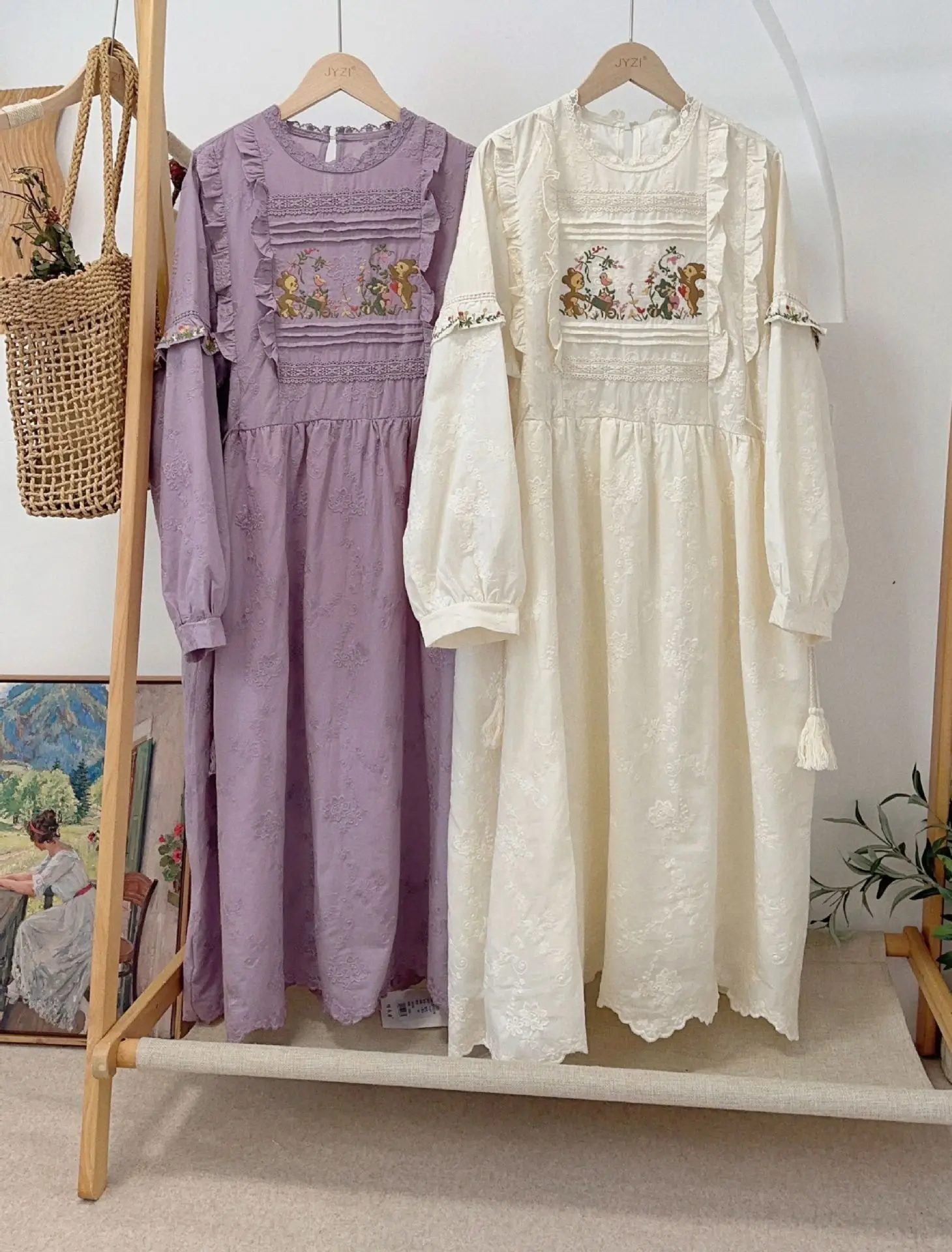 Vintage Floral Embroidery Short Sleeve Dress Women Japanese Mori Girl Spring Sweet O-Neck Cotton Linen Dress vestidos para mujer