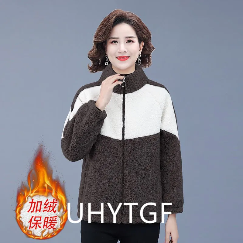 Grain Fleece Coat Women Plush Thick Warm Autumn Winter Jacket Ladies Loose Simple Fashion Splice Large Size Outewear Female 2717