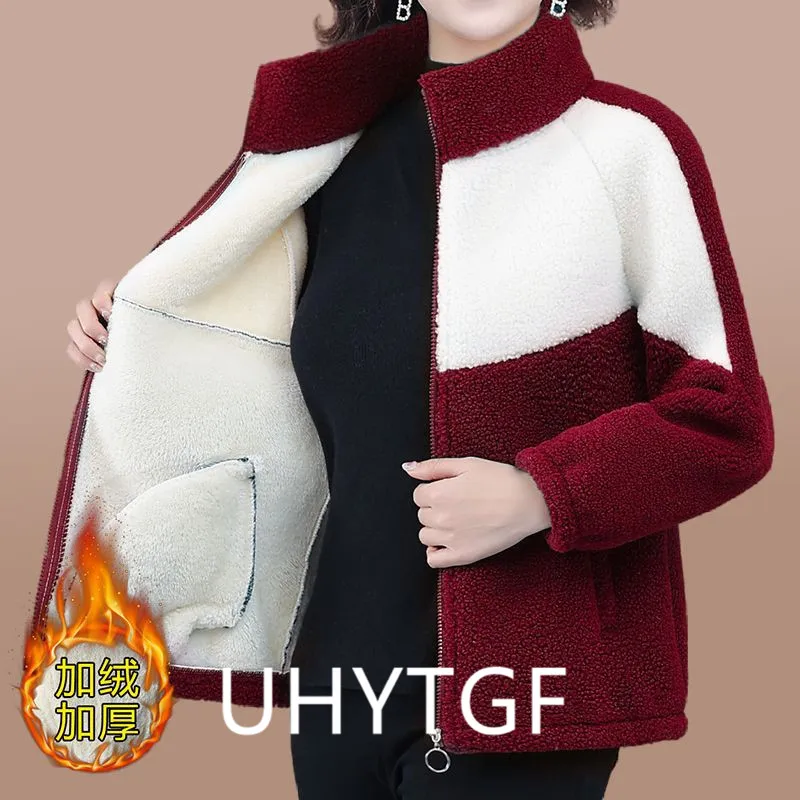 Grain Fleece Coat Women Plush Thick Warm Autumn Winter Jacket Ladies Loose Simple Fashion Splice Large Size Outewear Female 2717