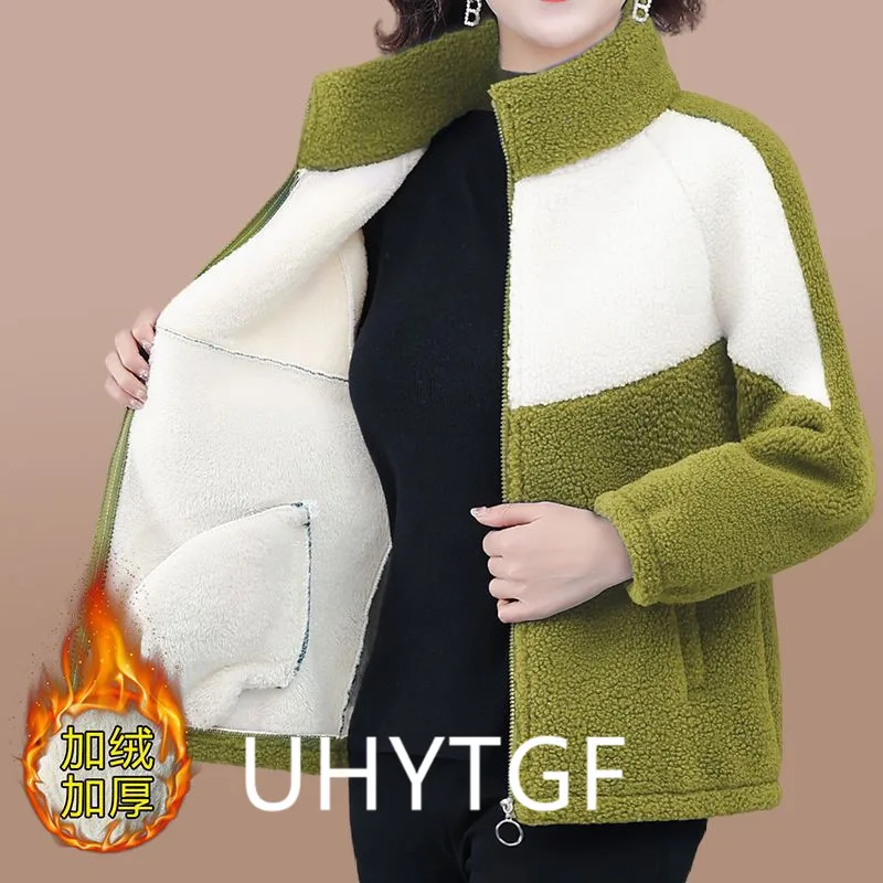Grain Fleece Coat Women Plush Thick Warm Autumn Winter Jacket Ladies Loose Simple Fashion Splice Large Size Outewear Female 2717