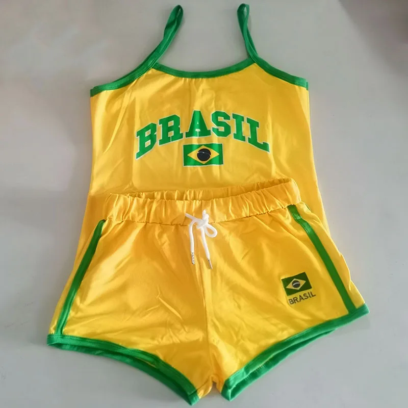 Two Piece Set Y2k Sling+shorts Brasil Letter Printing Tank Top Summer Women Backless Slim Sleeveless Camisole Crop Tops T Shirt