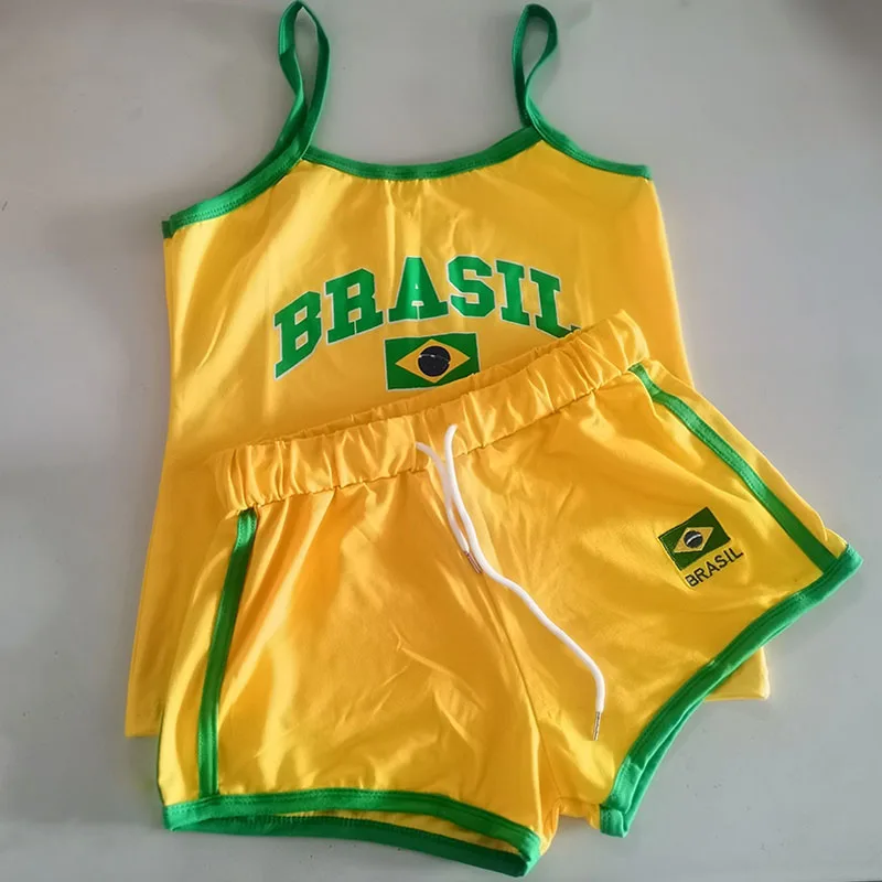 Two Piece Set Y2k Sling+shorts Brasil Letter Printing Tank Top Summer Women Backless Slim Sleeveless Camisole Crop Tops T Shirt