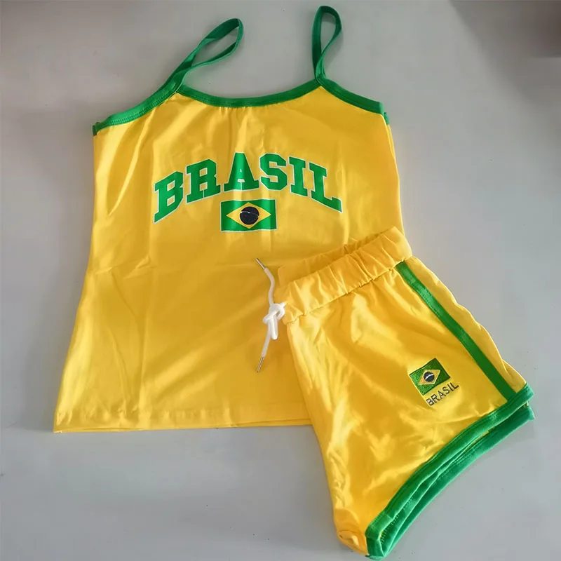 Two Piece Set Y2k Sling+shorts Brasil Letter Printing Tank Top Summer Women Backless Slim Sleeveless Camisole Crop Tops T Shirt
