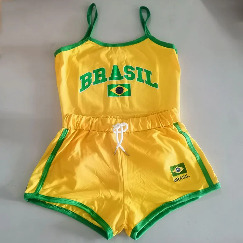 Two Piece Set Y2k Sling+shorts Brasil Letter Printing Tank Top Summer Women Backless Slim Sleeveless Camisole Crop Tops T Shirt