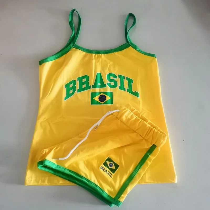 Two Piece Set Y2k Sling+shorts Brasil Letter Printing Tank Top Summer Women Backless Slim Sleeveless Camisole Crop Tops T Shirt